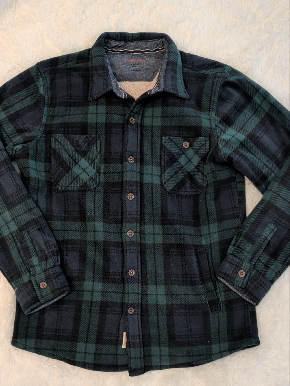 Original Weatherproof Vintage Blue & Green Plaid Sherpa Shirt Jacket